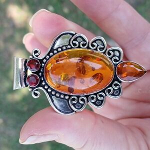 New Amber & Garnet 925 Silver Pendant.